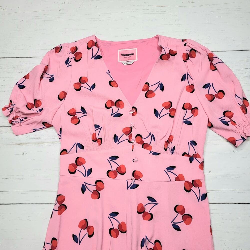 Kate Spade Cherry Toss Puff Sleeve Mini Dress Pink Red V Neck Buttons Small 6 - Picture 5 of 11